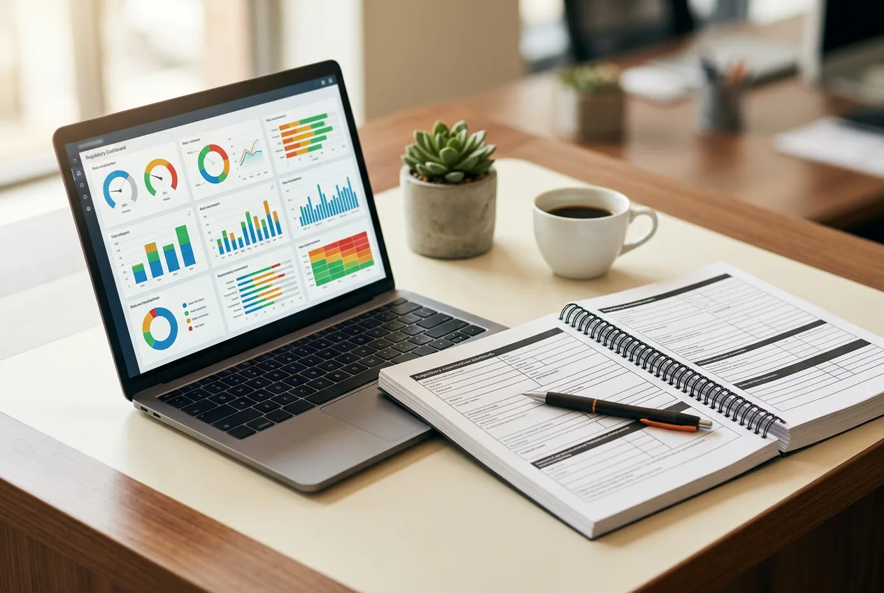 Close-up of a compliance analyst desk with a laptop showing a regulatory compliance dashboard and a printed examination workbook