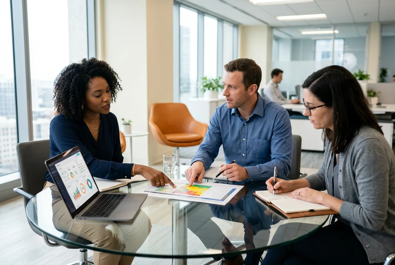 Three compliance professionals reviewing a printed compliance risk assessment matrix and a laptop dashboard around a glass conference table