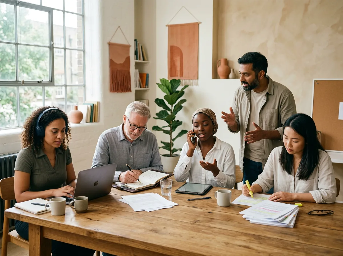 Five content writers around a wooden table, each with a different working setup including laptops, notebooks, and printed pages