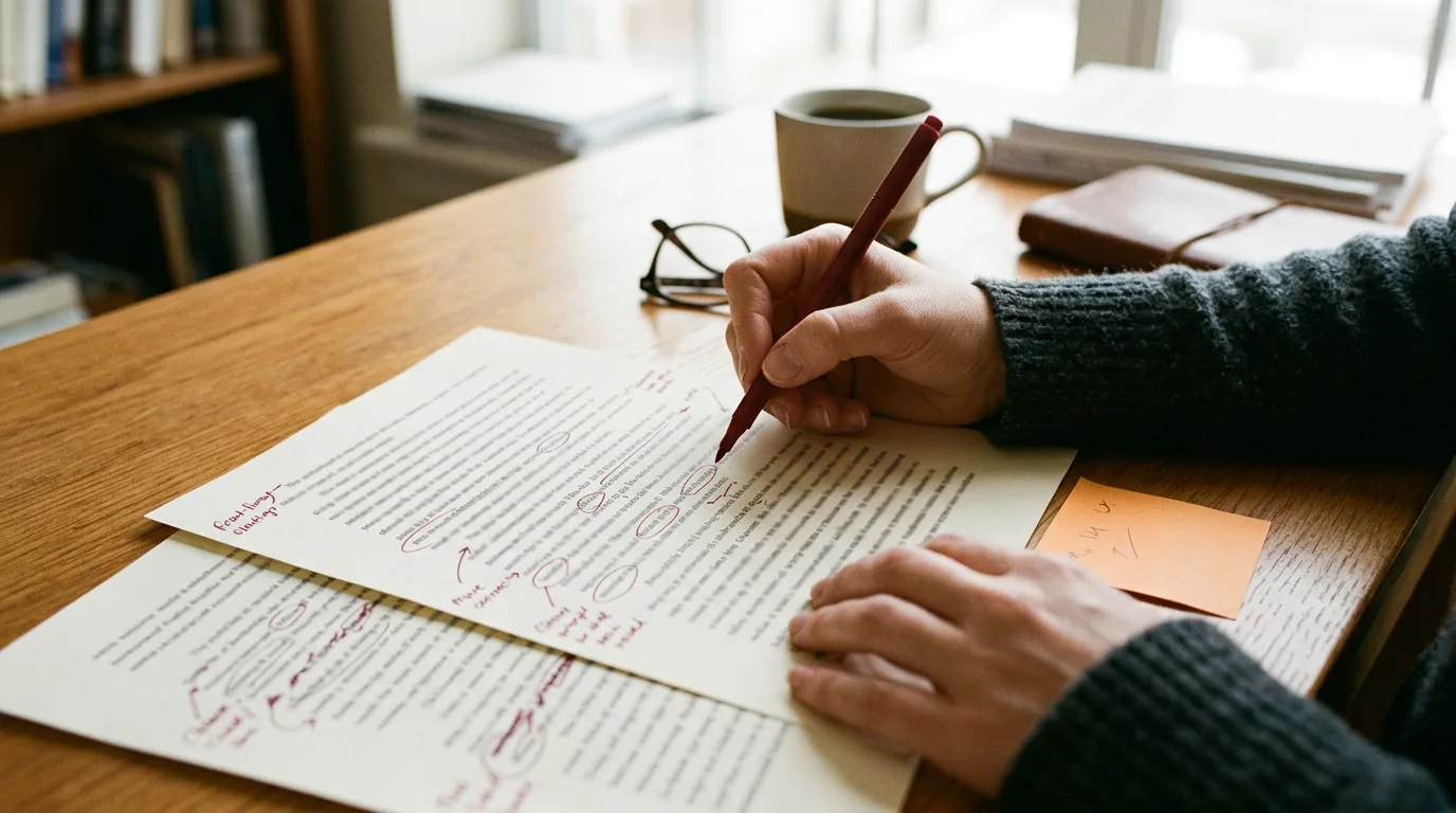 Editor's hand with a red pen marking up a printed draft on a wooden desk