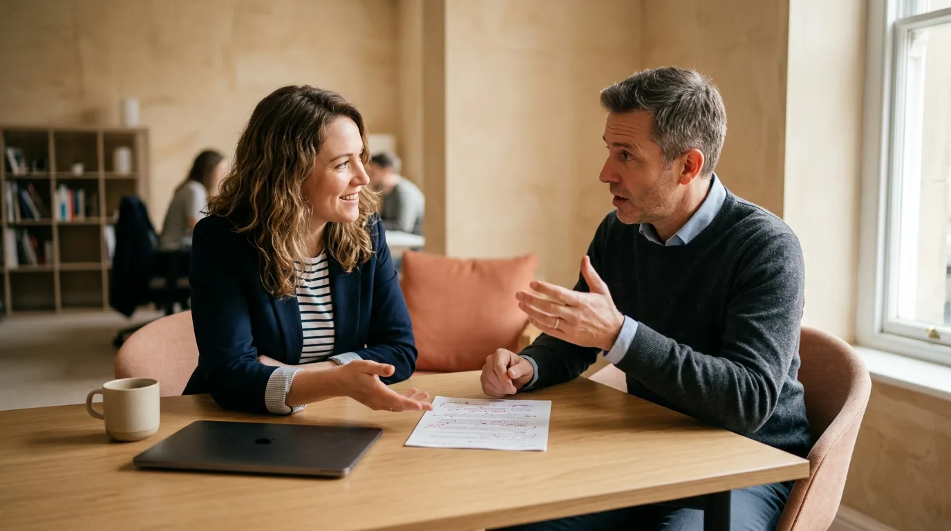 Writer and hiring manager reviewing a marked-up draft together across a clean wooden desk