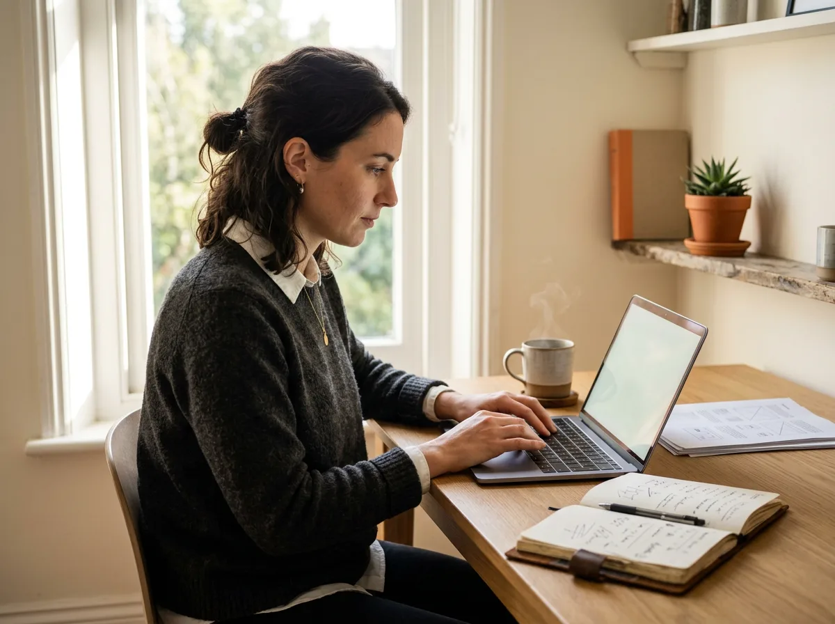 Content writer working at a sunlit desk with a notebook, laptop, and a single mug of coffee