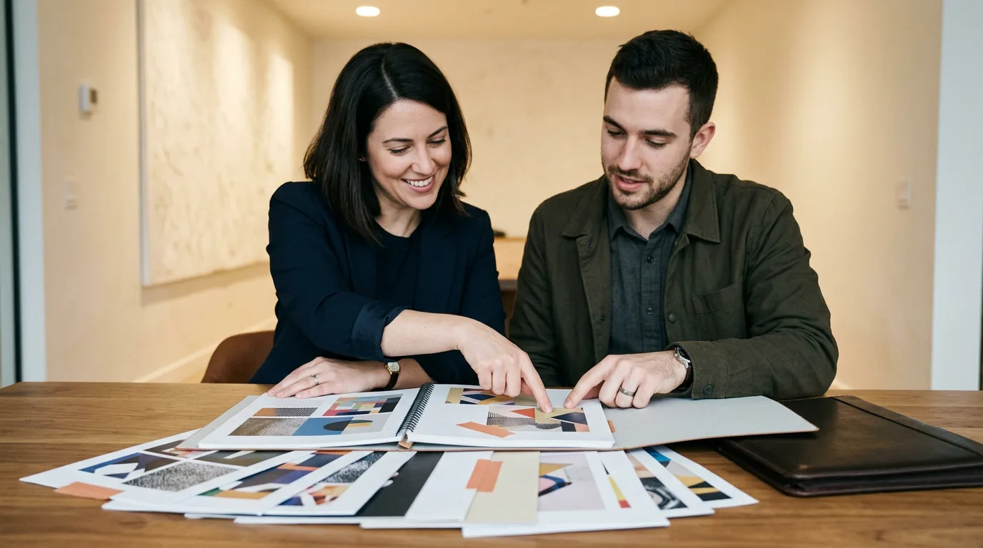 KORE1 recruiter and writer candidate reviewing a printed portfolio of writing samples together
