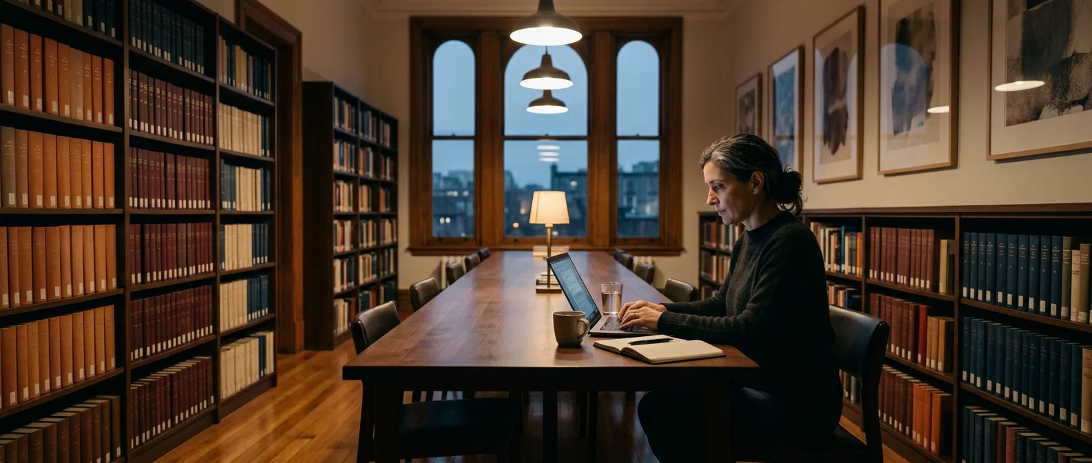 Editorial workspace at dusk with bookshelves, warm pendant lamps, and a writer typing at a long wooden table