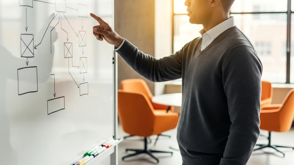 Senior KORE1 recruiter at a whiteboard drawing decision tree flowchart with criteria branches in modern open office with orange accent chairs and warm window light