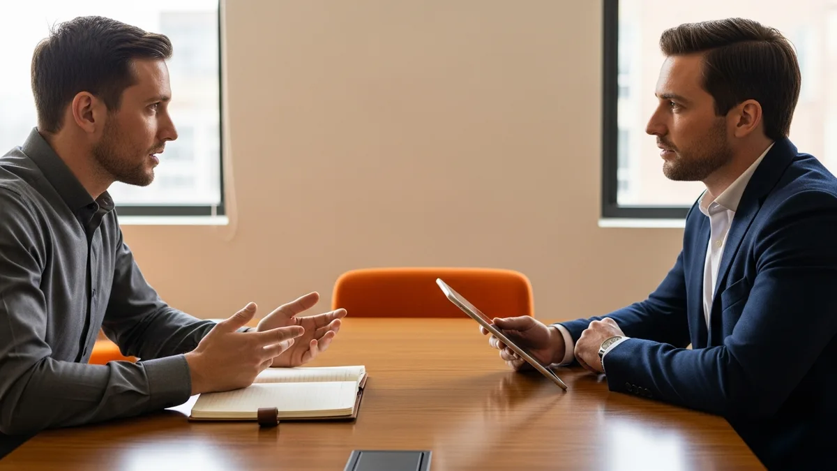 Engaged search consultation between KORE1 recruiter and client hiring leader at glass conference table with notebooks and partnership-feel handshake in warm professional office light