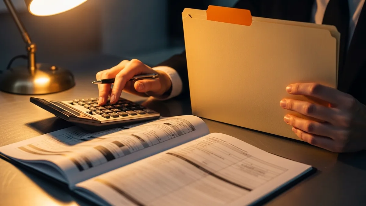 Close-up of hands at calculator next to recruiting fee schedule paperwork and folder with orange tab on professional desk showing fee math comparison for staffing decision