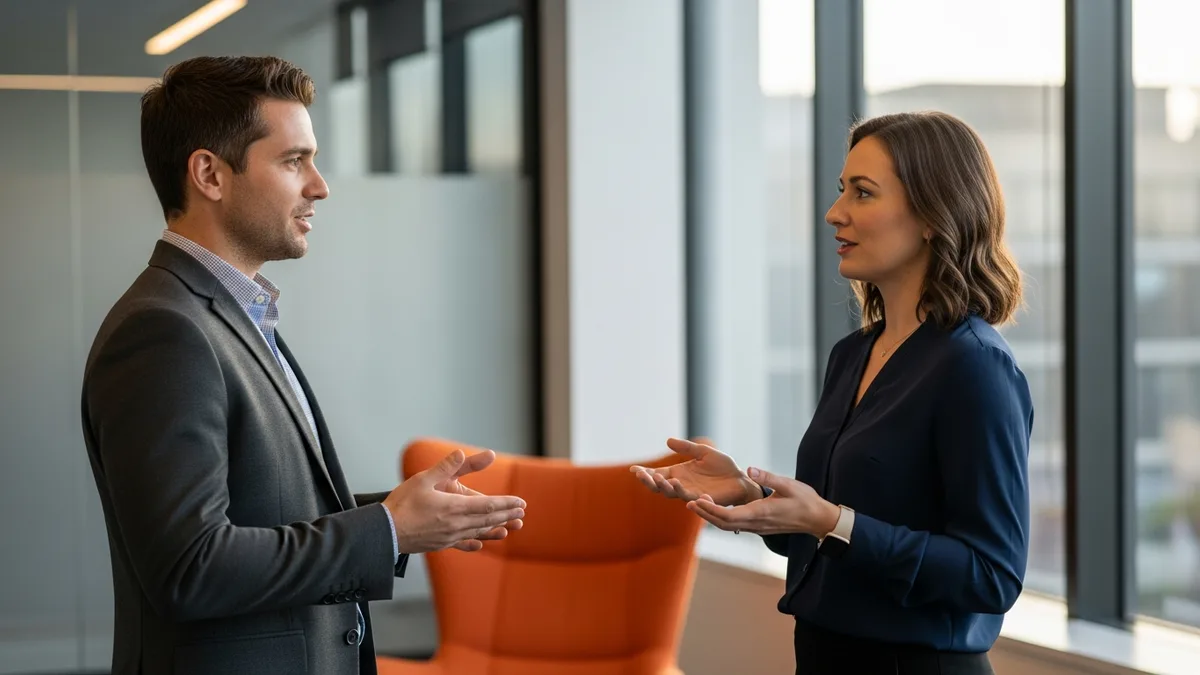 Hiring manager and KORE1 recruiter comparing contingency retained and engaged search fee models on printed three-column matrix in modern conference room with orange accent furniture