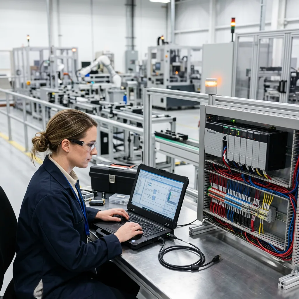 Controls engineer programming a PLC panel in an industrial automation environment