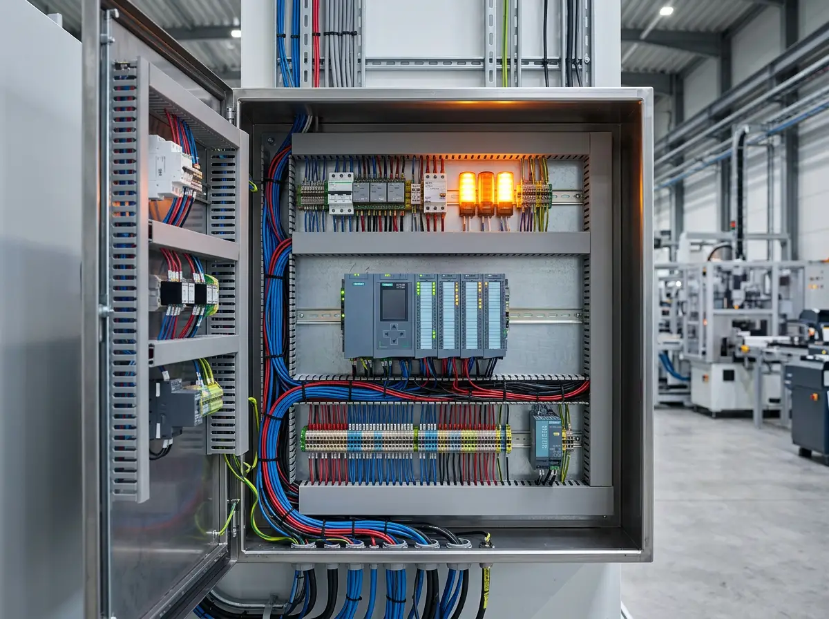 Industrial automation control panel with PLC hardware and wiring