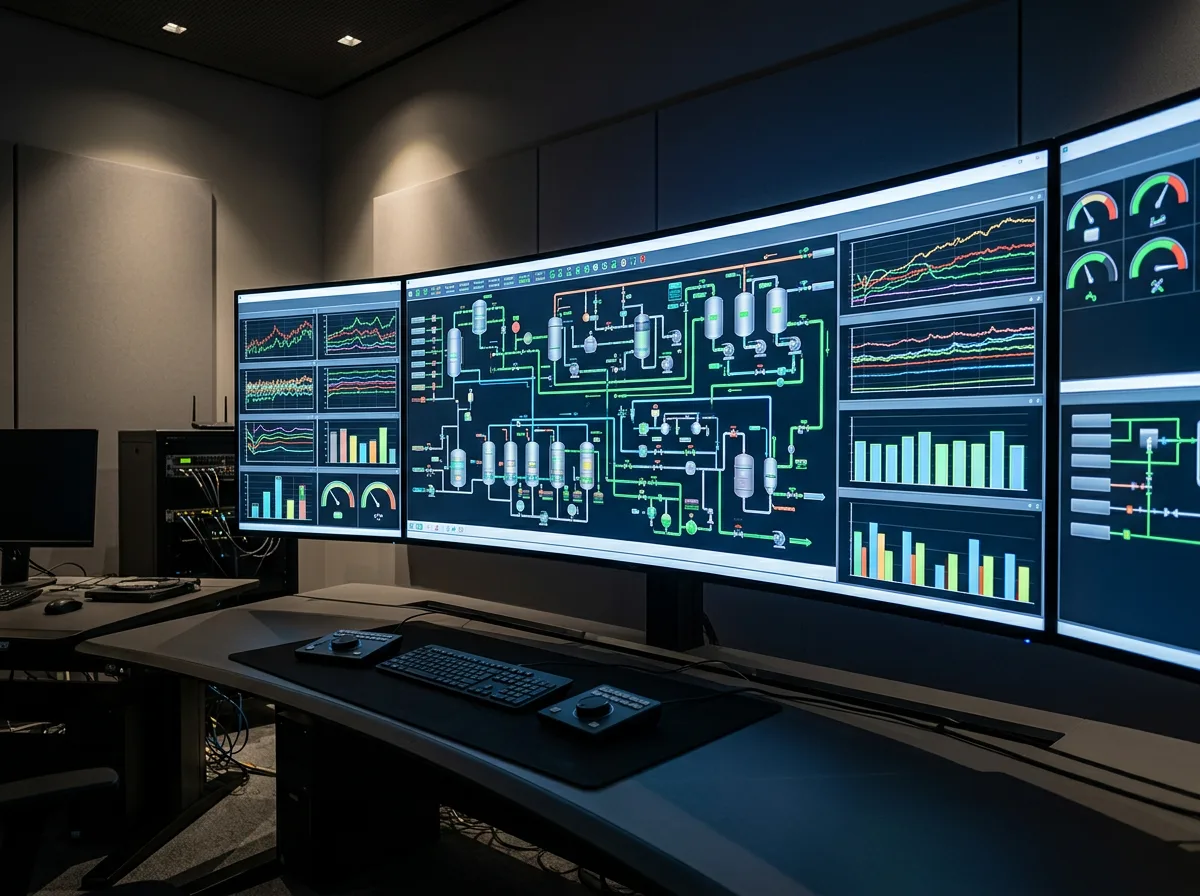 SCADA system monitoring display showing industrial process controls and data visualization