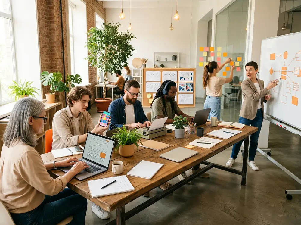 Six copywriters working in a bright studio, each with a distinct setup including a sales-page layout, a phone showing an ad, and a printed campaign poster