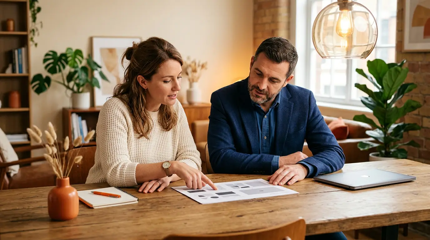 Copywriter and CMO reviewing a printed campaign brief across a long wooden table in a warm studio