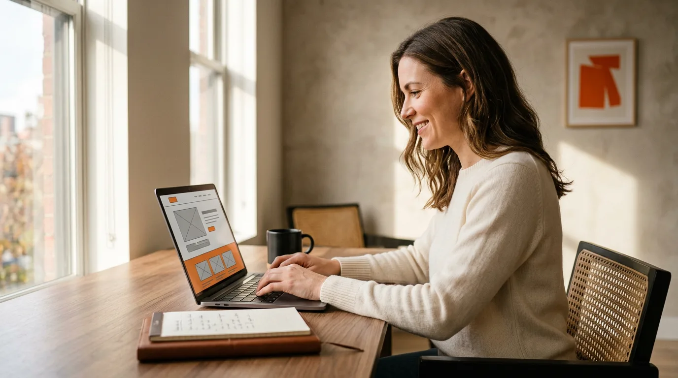 Copywriter at a sunlit studio desk with handwritten headlines on a notepad and a landing page mock on the laptop