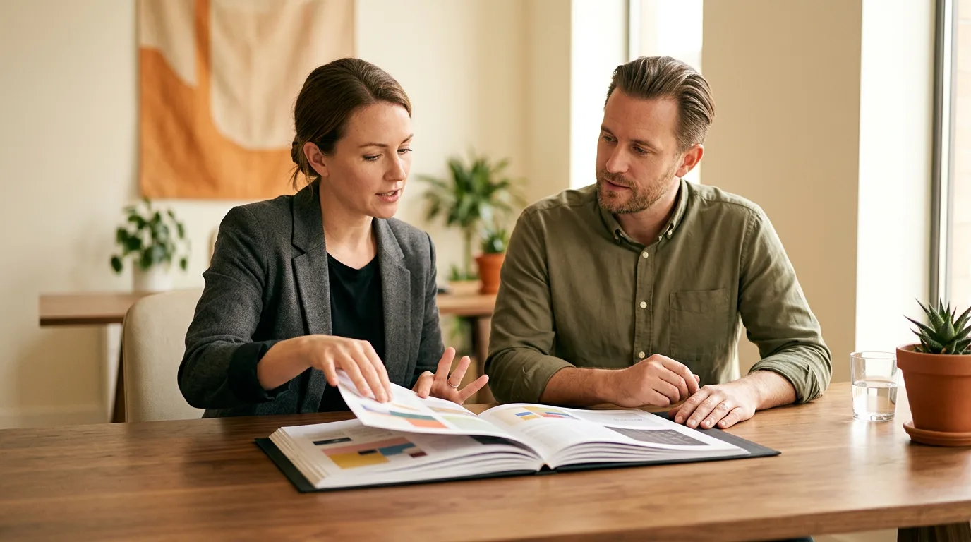 KORE1 recruiter and copywriter candidate reviewing a printed portfolio of headlines, ads, and landing page samples