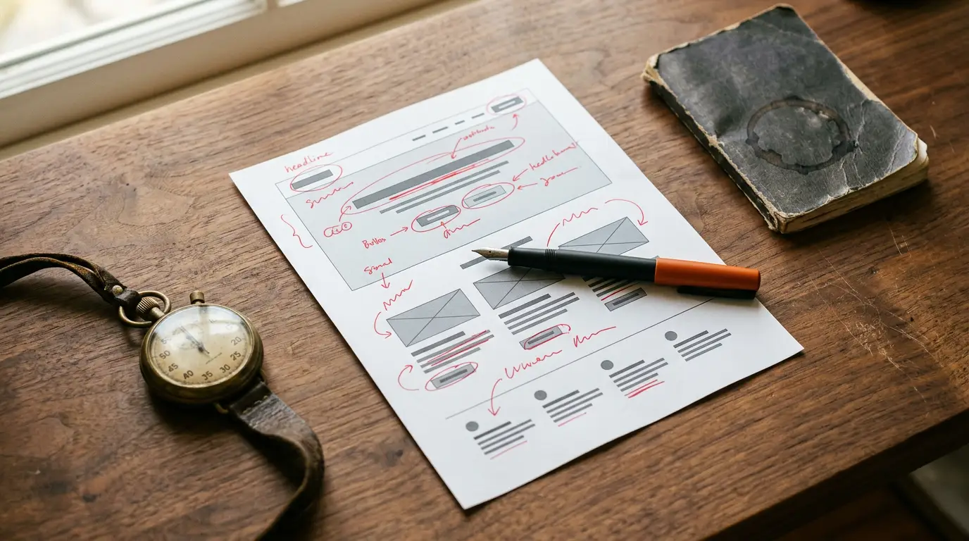 Landing page printout marked up with red pen edits next to a vintage brass stopwatch on a wooden desk