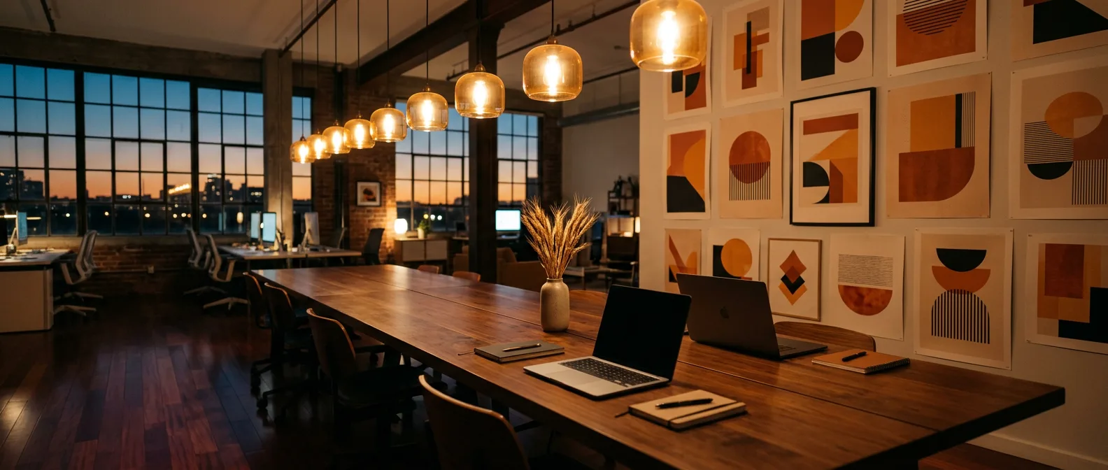 Editorial advertising studio at dusk with warm pendant lamps, a long table, and a wall of orange-accented campaign posters
