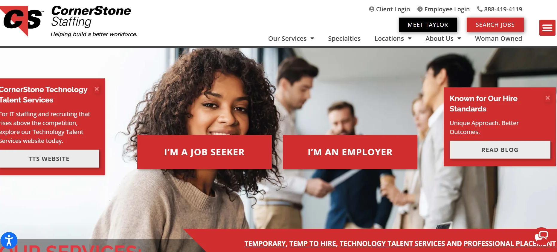 CornerStone Staffing Dallas homepage — high-volume administrative and customer service staffing agency operating in the DFW market since 1991