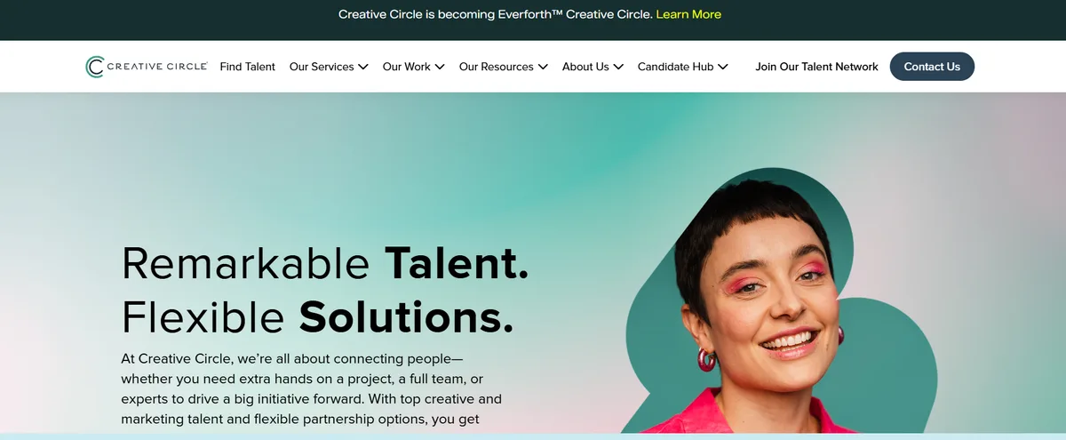 Creative Circle Chicago homepage screenshot with Remarkable Talent Flexible Solutions ranked best Chicago staffing agency for creative and marketing roles 2026
