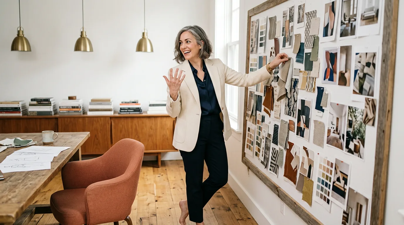 Creative director in a tailored cream blazer pinning a layered campaign mood board of fabric swatches and printed photographs on a tall studio wall in a daylit creative studio