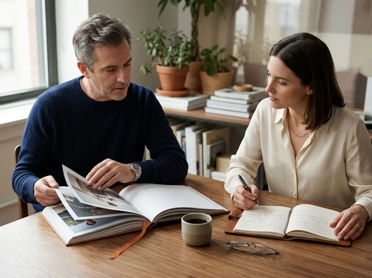 Creative director and staffing partner reviewing an open hardcover portfolio book across a warm wood table in a daylit creative studio with reading glasses and a coffee cup nearby