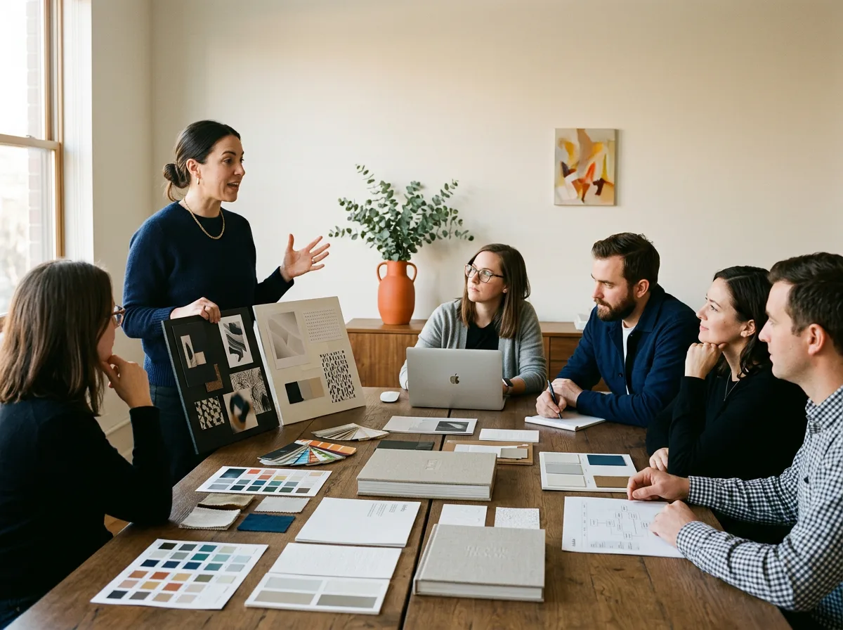 Creative director standing at the head of an oak conference table presenting concept boards to a designer, copywriter, marketing director and producer with color swatches and a brand book on the table