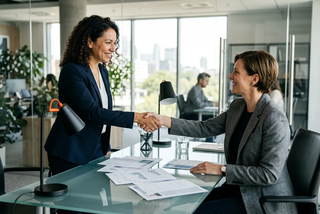 Recruiter and chief credit officer shaking hands across a glass desk while reviewing credit analyst candidate profiles