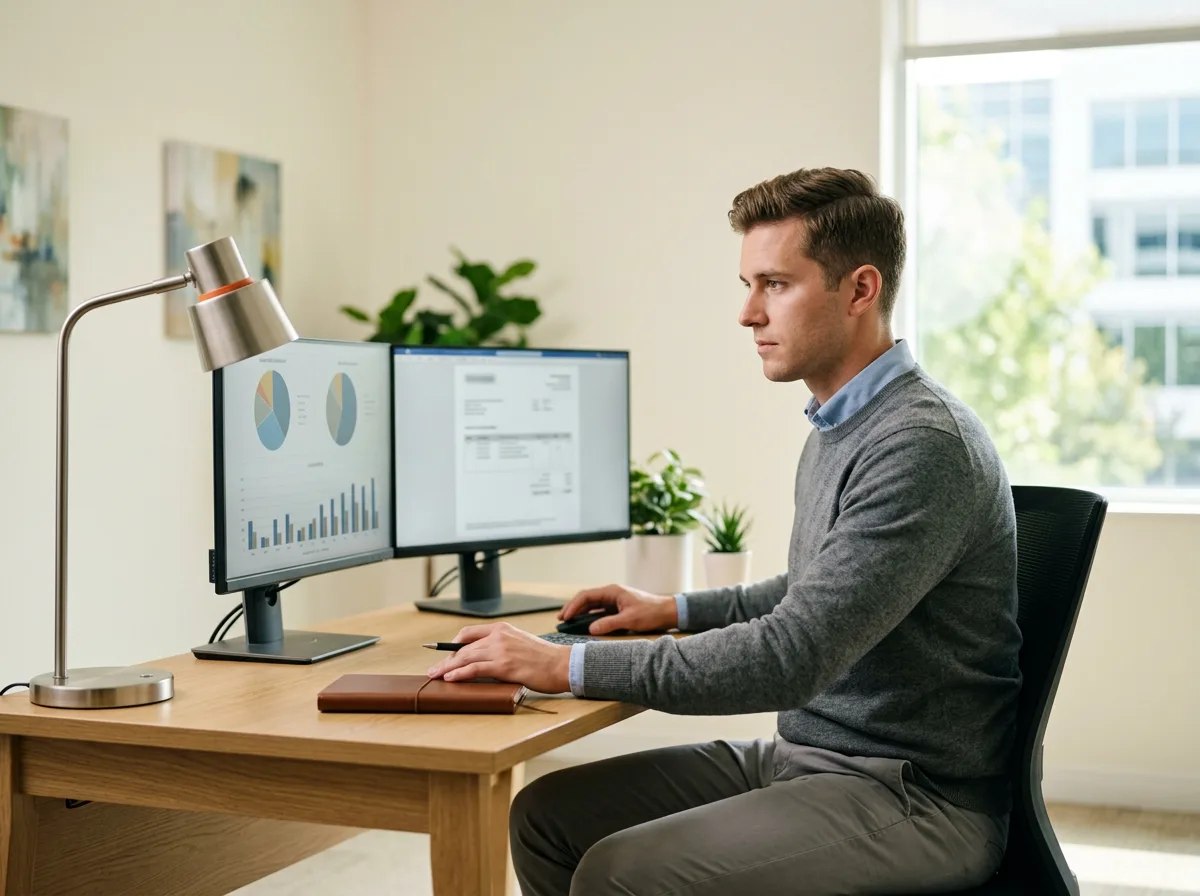 Commercial credit analyst at a clean modern desk reviewing a loan portfolio dashboard and credit memo on dual monitors, KORE1 credit analyst staffing