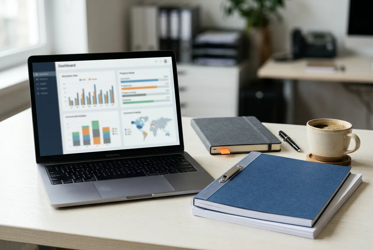 Close-up of a credit analyst desk with a laptop showing a commercial credit memo dashboard and a printed loan committee package