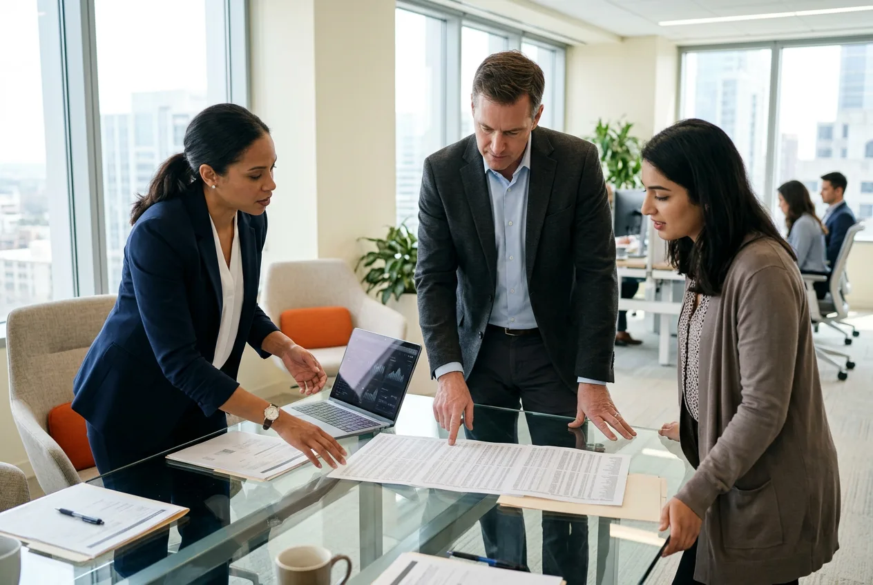 Three credit analysts reviewing a printed loan tape and a laptop commercial credit memo around a glass conference table
