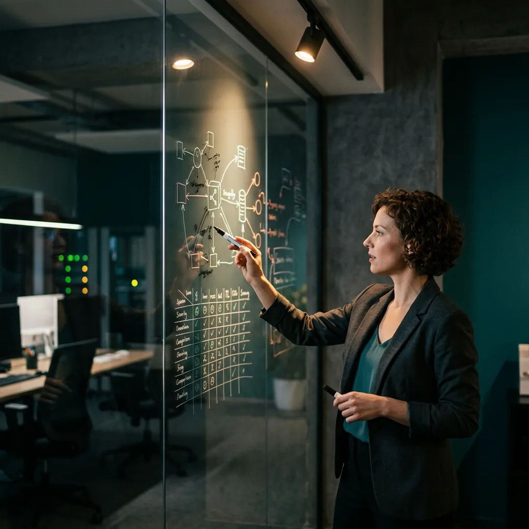 KORE1 recruiter walking through a cyber security candidate evaluation framework on a whiteboard