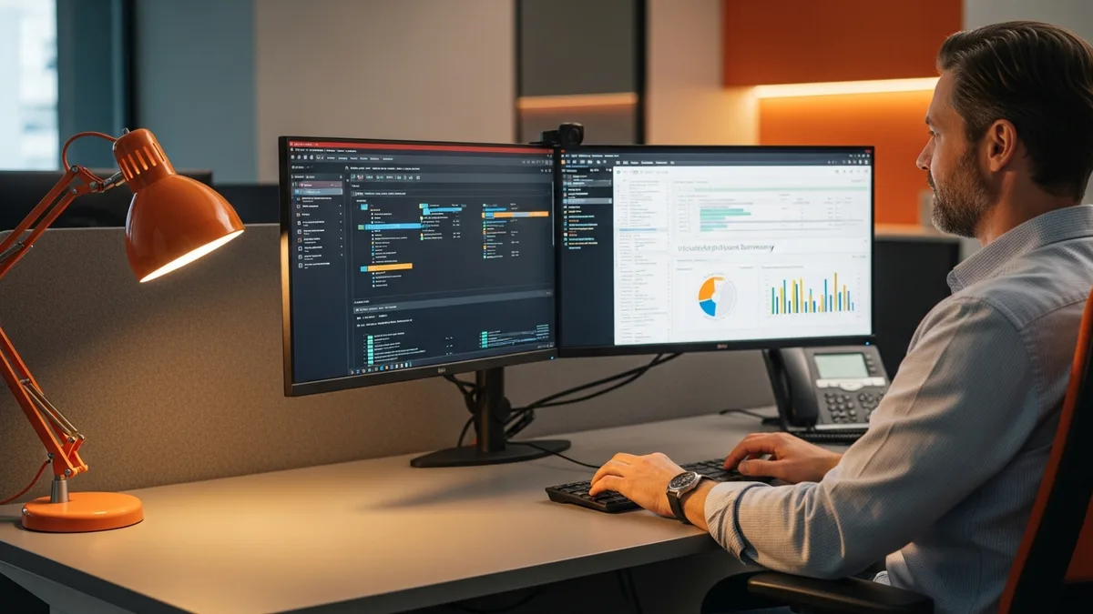 Cybersecurity engineer at dual-monitor security operations workstation reviewing correlation rules and cloud IAM policies in 2026