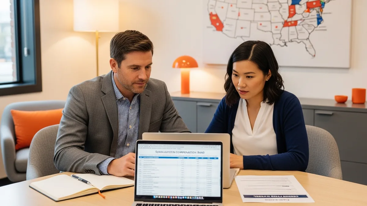 Hiring manager and recruiter reviewing cybersecurity engineer compensation bands by US metro, KORE1 cybersecurity engineer salary guide 2026