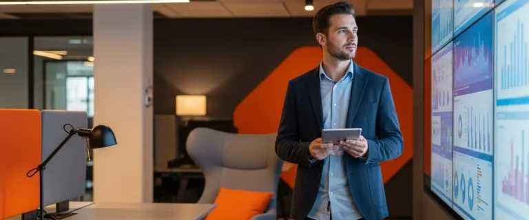 Data analyst standing at an open-plan office workstation reviewing analytics dashboards on a large wall-mounted display