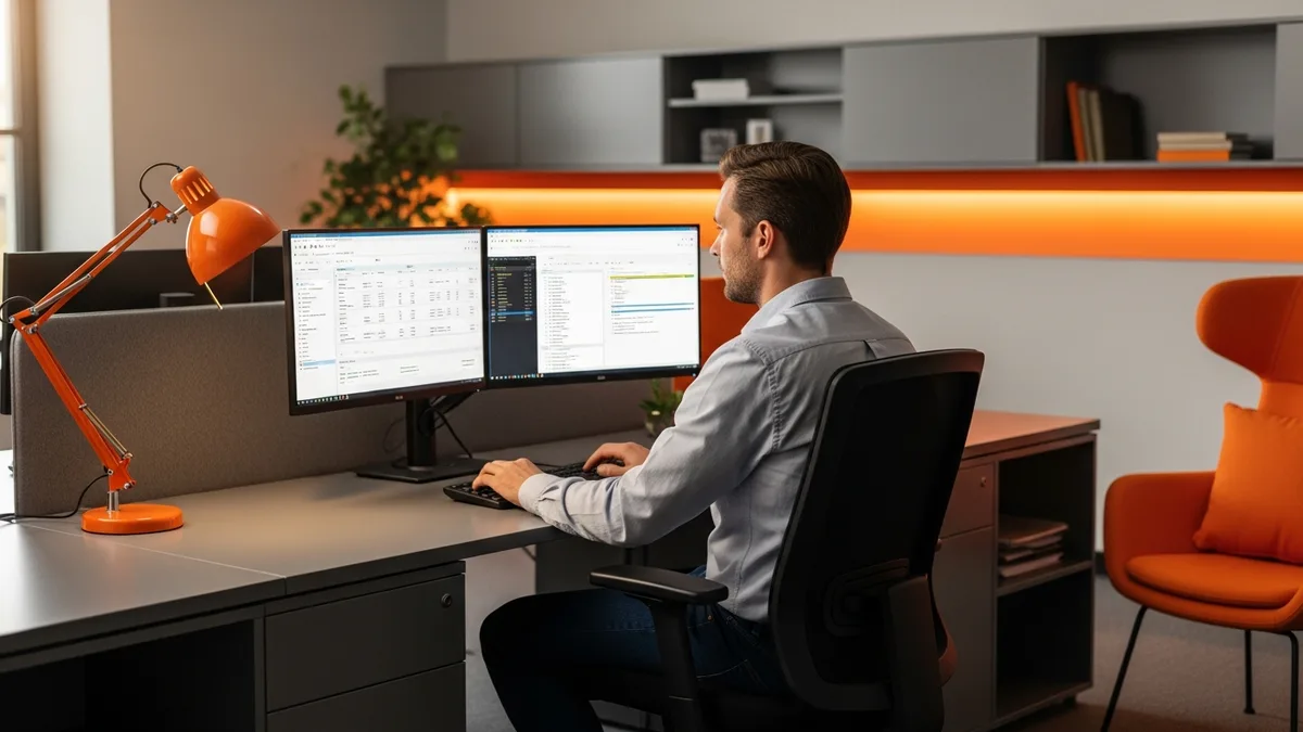 Senior data analyst working at a dual ultrawide monitor workstation with SQL editor and business intelligence dashboards visible