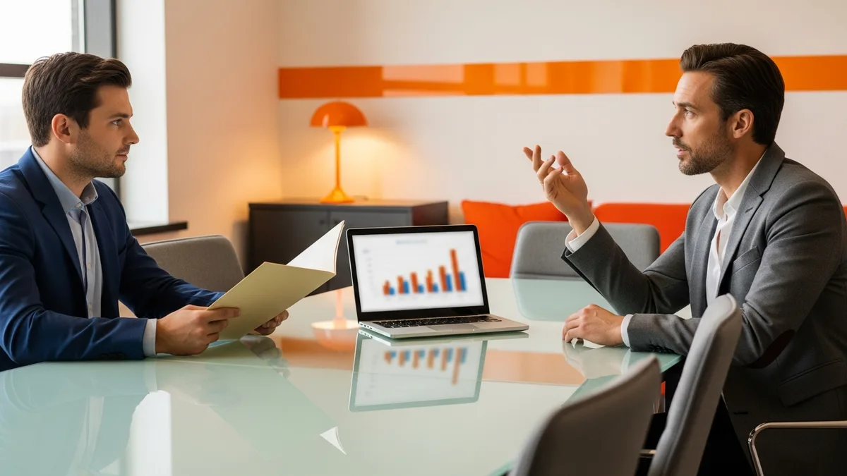 Hiring manager and data analyst reviewing 2026 salary benchmarks and offer compensation at a glass conference table