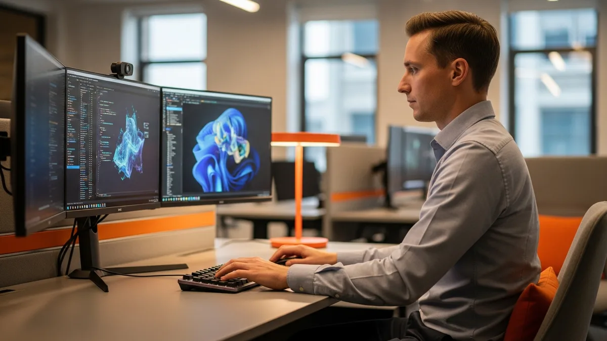 Data analyst working in the modern analytics stack with dbt, Snowflake, and BI dashboards across three monitors in a tech office