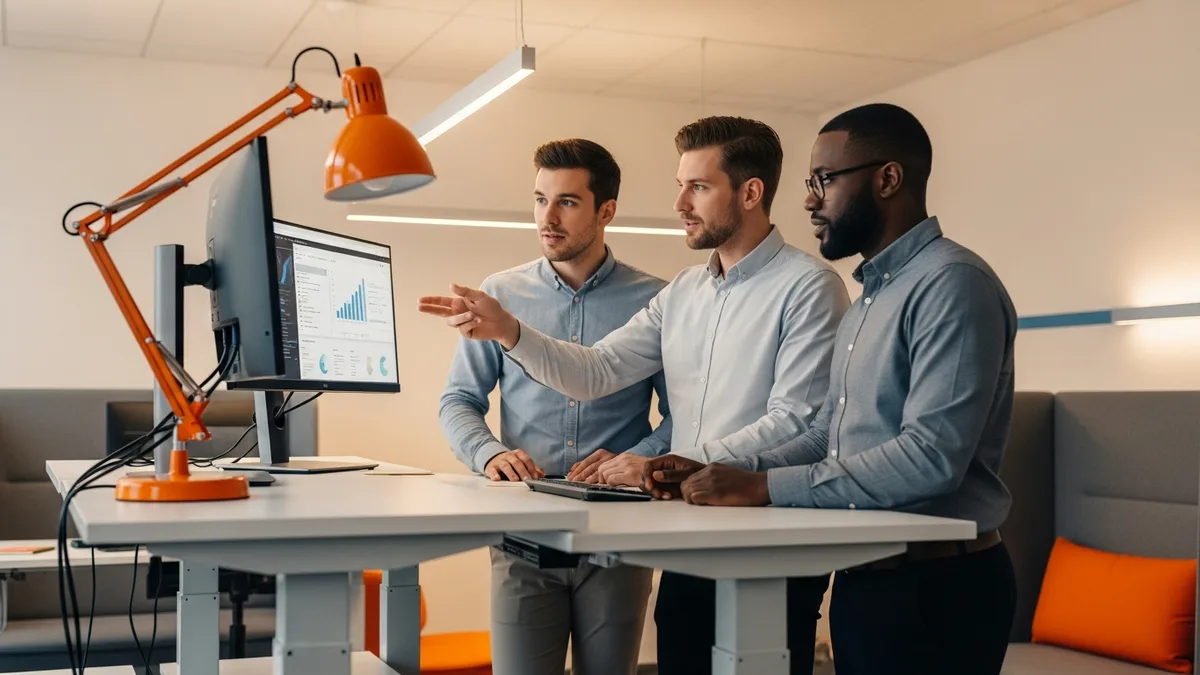 Analytics team of three professionals collaborating around a desk reviewing business intelligence dashboards on a large monitor
