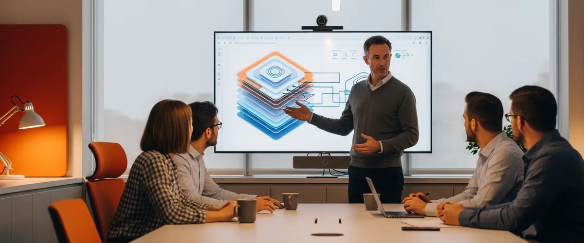 Senior data architect leading a 2026 architecture review session at a conference table for the KORE1 hiring guide
