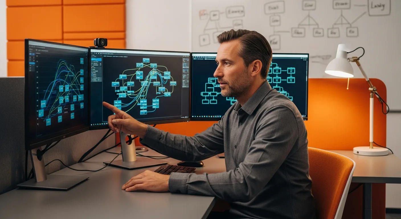 Senior data architect reviewing a Snowflake warehouse schema and dbt model lineage on a multi-monitor workstation with whiteboard diagrams in the background