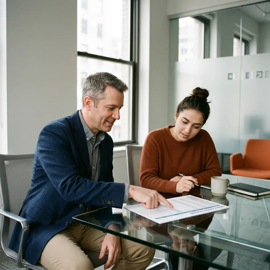 Fractional data architect reviewing a source-system inventory spreadsheet with a full-time Snowflake data engineer at a glass conference table
