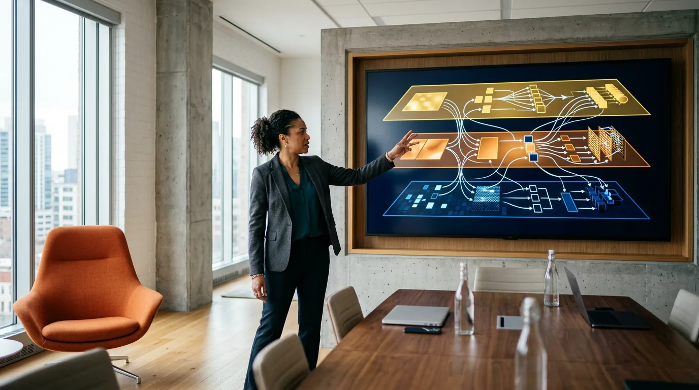 Data architect reviewing a layered Snowflake warehouse diagram with raw, staging, and gold zones on a wide monitor