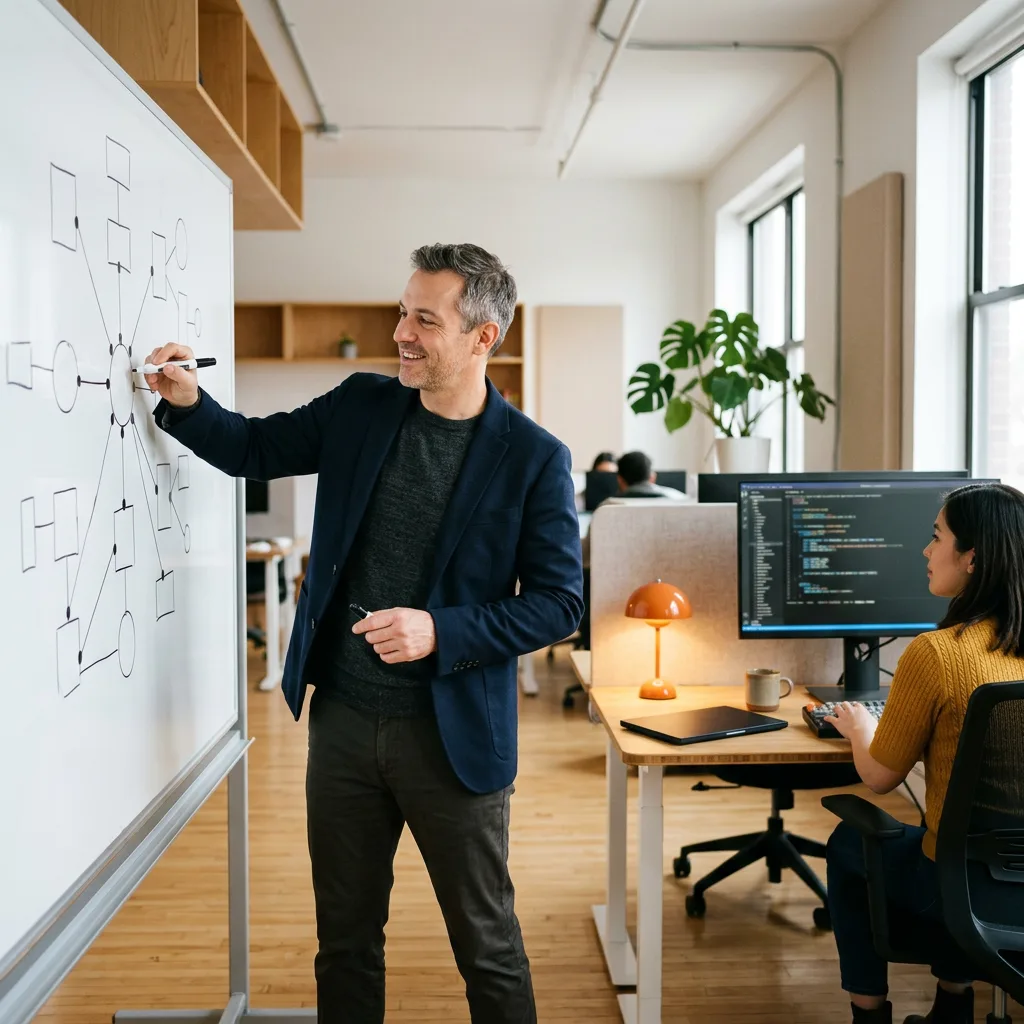 Senior data architect sketching a star schema on a whiteboard while a data engineer ships Snowflake SQL at the desk behind