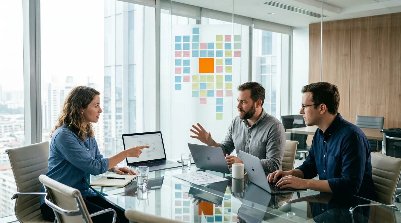 Cross-functional data team planning a cloud data migration around a glass conference table with a sticky-note rollback plan on the wall