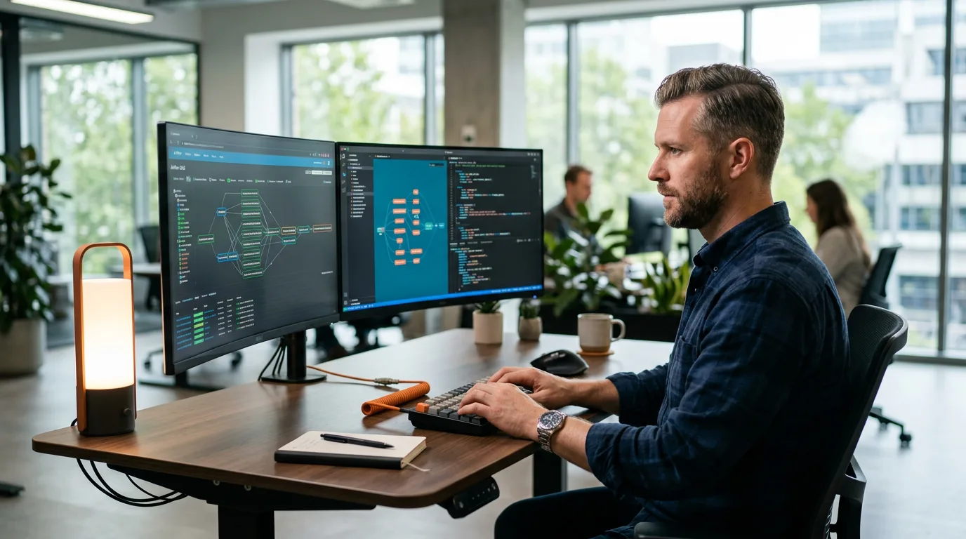 Senior data engineer reviewing dbt and Airflow DAG pipeline visualizations on dual ultra-wide monitors at modern workstation, KORE1 data engineer staffing