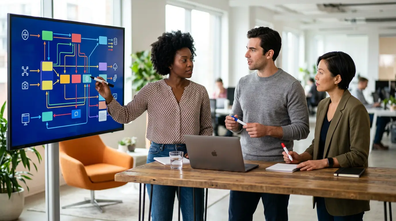 Three modern data engineers reviewing a streaming Kafka topology and Iceberg table diagram on a large display in a bright open office
