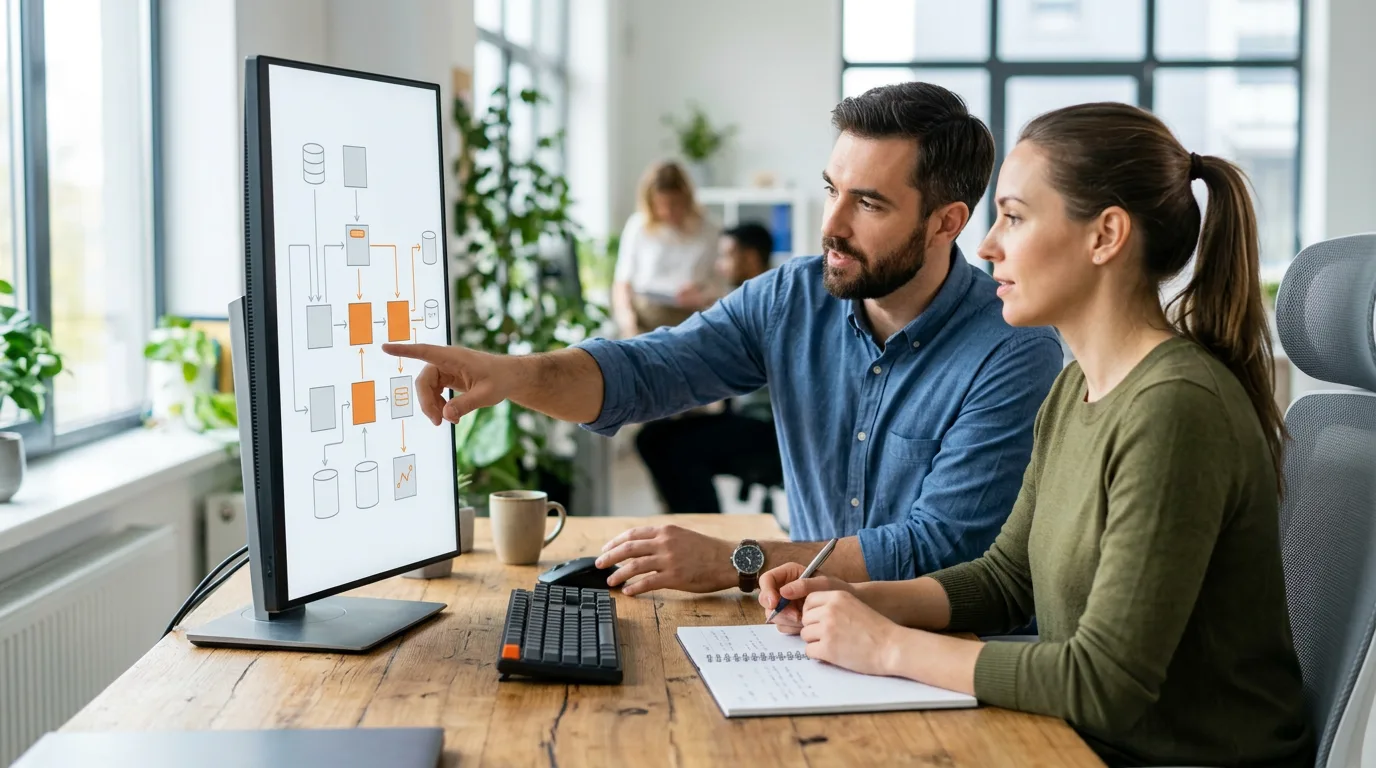 Two data engineers seated side by side reviewing a modern data stack architecture diagram on a vertical monitor