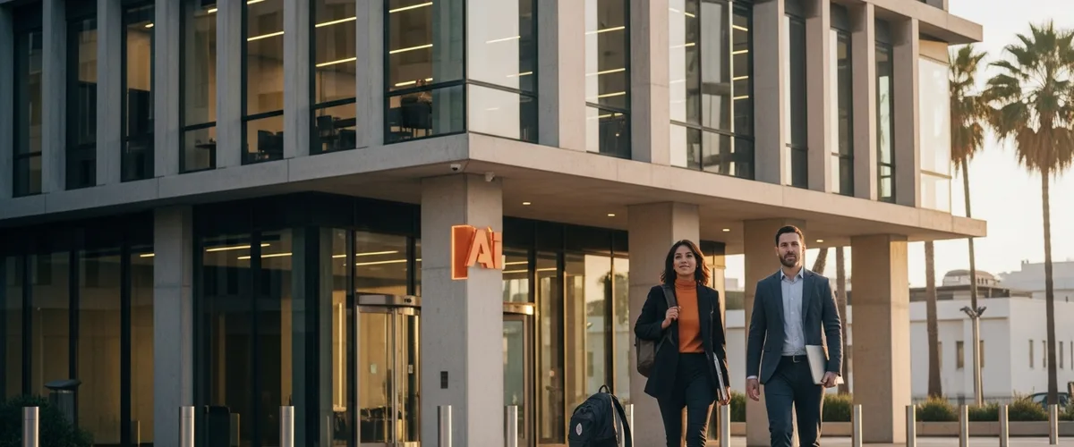 Databricks AI era talent movement 2026: senior tech professionals walking toward a modern data infrastructure office at golden hour