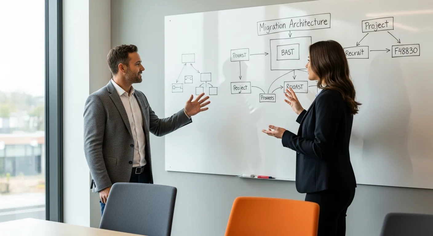 Hiring manager and recruiter reviewing a Databricks Lakehouse migration roadmap on a conference room whiteboard in 2026