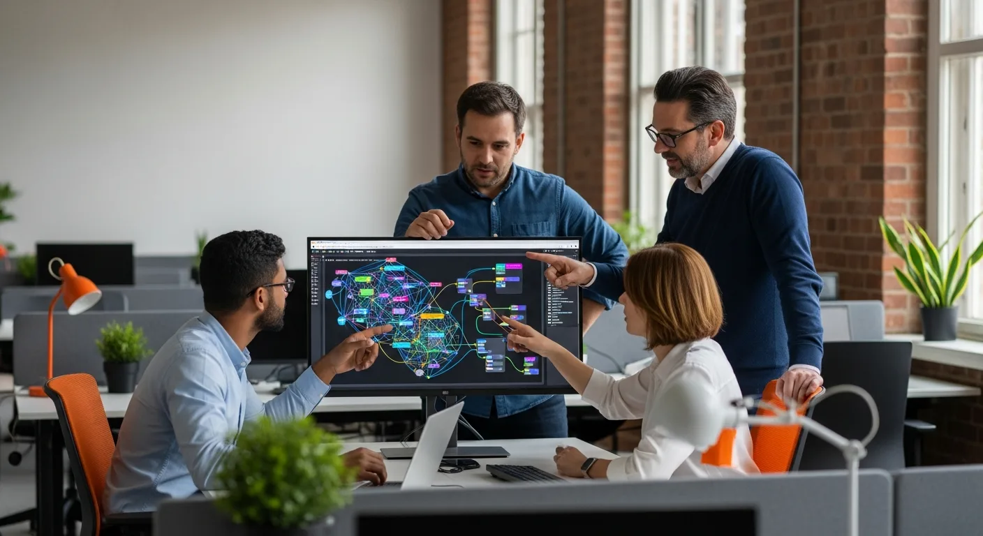 Three machine learning engineers collaborating on a Mosaic AI agent architecture diagram during a 2026 Databricks platform engineering session